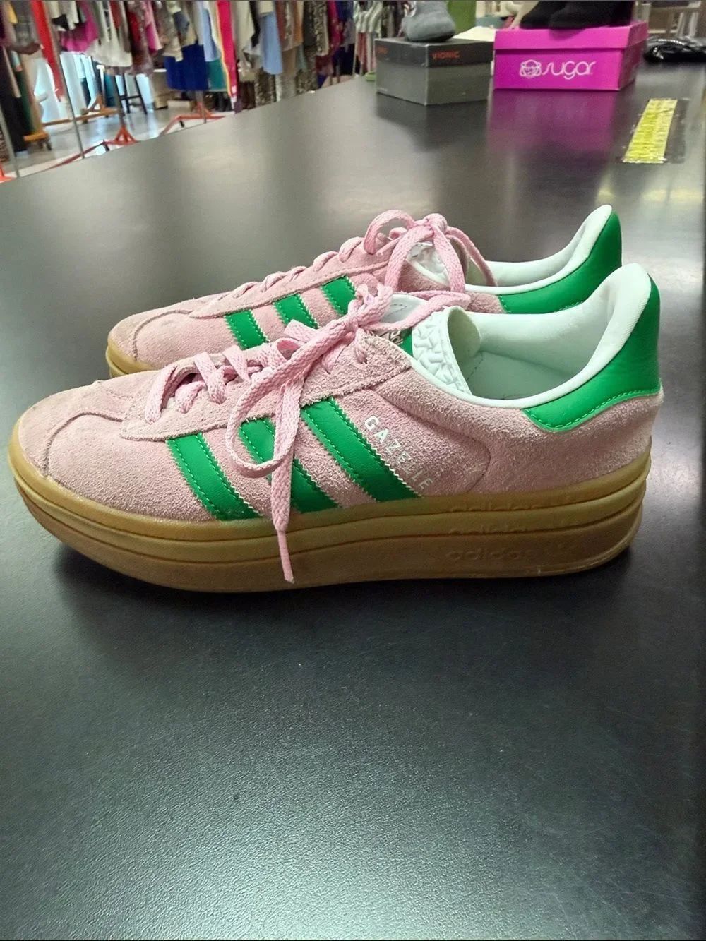 adidas Pink Suede Sneakers with Green Stripes and Gum Platform - Picture 3 of 10
